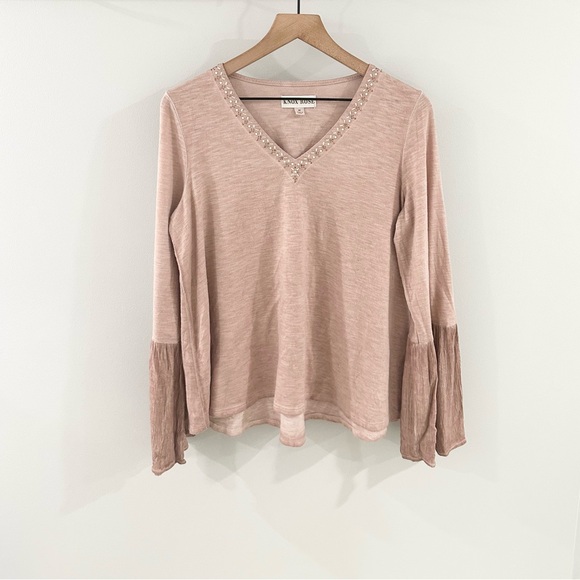 Knox Rose Bell Sleeve Beaded V-Neck Blouse Pink Size Medium - Picture 2 of 7
